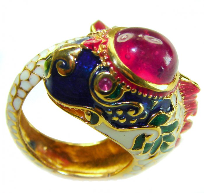 Large - Statement- Fish Enamel 9.8 CARAT Ruby 18K Gold over .925 Sterling Silver Huge handcrafted Ring s. 7 - video