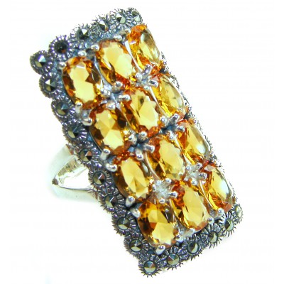 Golden Royalty 44.5 carat Citrine Marcasite .925 Sterling Silver Handcrafted Huge Ring size 8