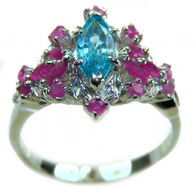 Emily 8.5 carat Swiss Aquamarine Ruby .925 Sterling Silver handmade Statement Ring size 9