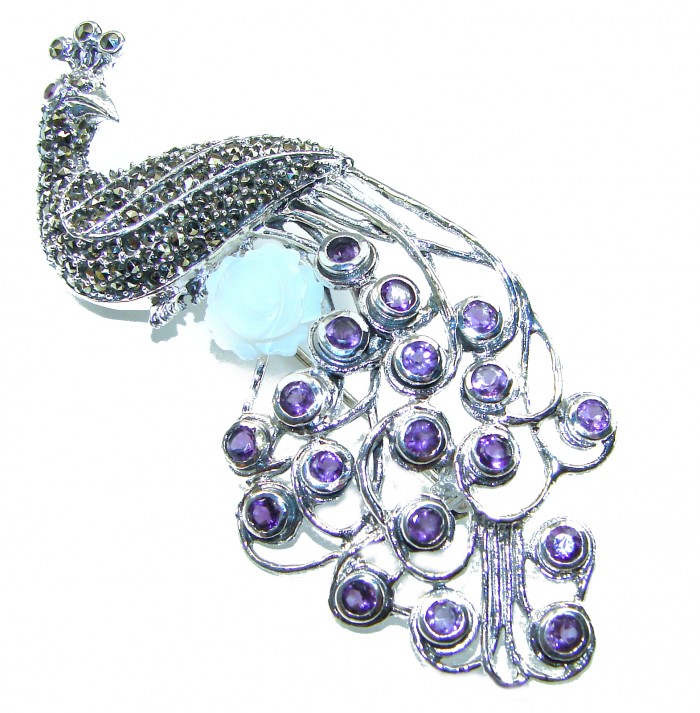Huge Natural 8.9 carat Amethyst Greaceful Peacock .925 Sterling Silver Large Brooch