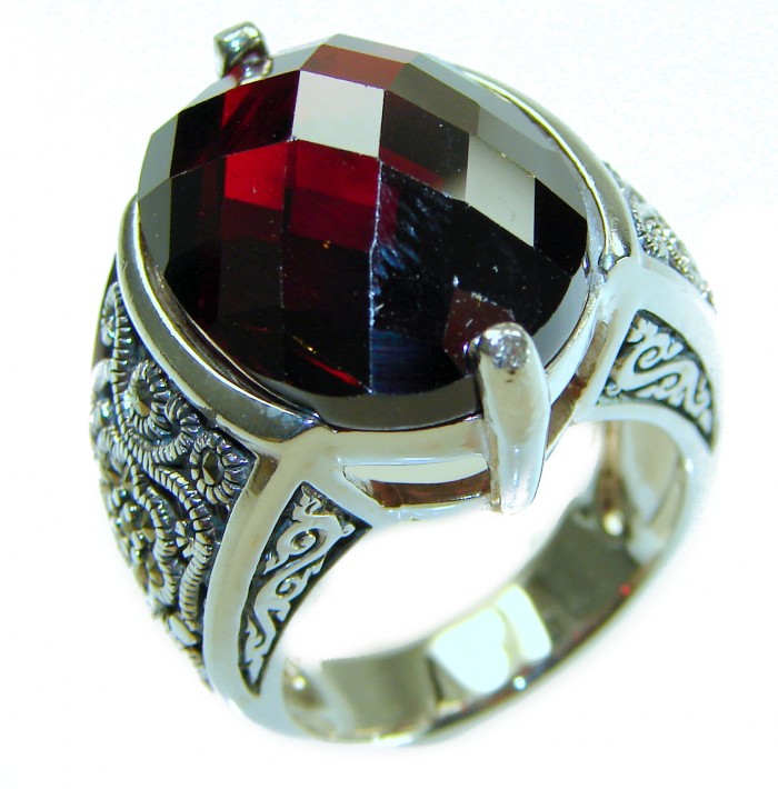 Carmen Natural 27.4 carat Ruby Marcasite .925 Sterling Silver handmade Large Statement Ring size 8