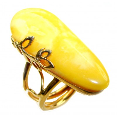 Authentic Golden Butterscotch Baltic Amber 18K Gold over .925 Sterling Silver entirely handcrafted ring; s. 7 adjustable