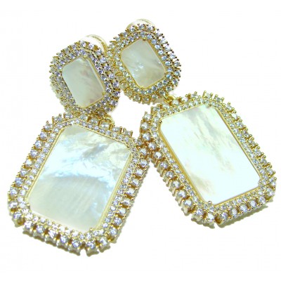 Genuine Blister Pearl lab grown Diamond 18K Gold over .925 Sterling Silver handcrafted Large Statement Earrings