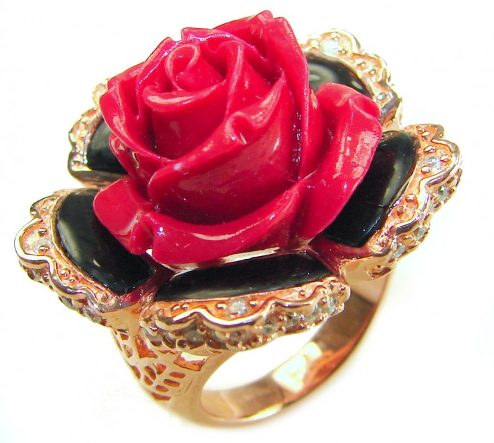 Enchanted Rose Genuine carved Coral 14K Gold over .925 Sterling Silver handcrafted ring s. 7 1/4