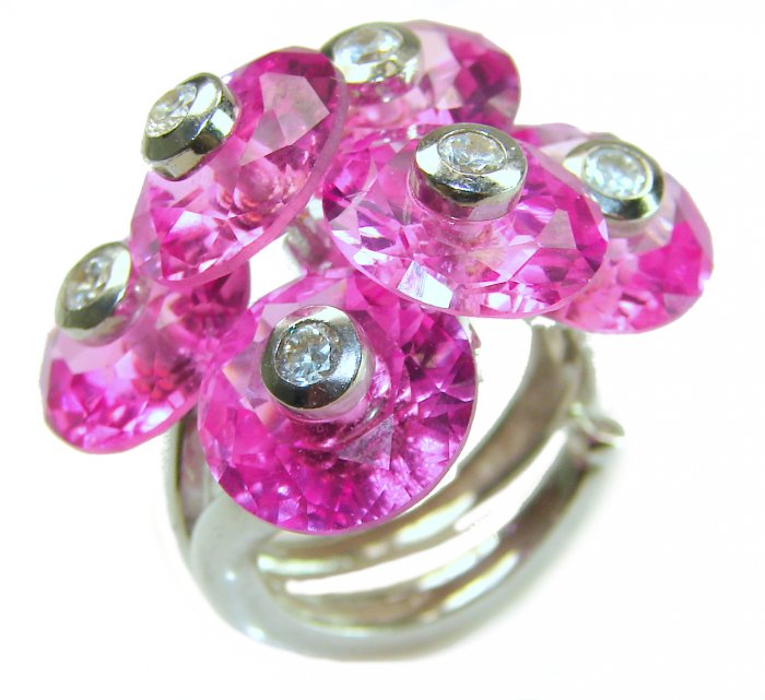 Six Flowers 25.8 carat Pink Sapphire .925 Silver handcrafted Cocktail Ring s. 8 adjustable - video