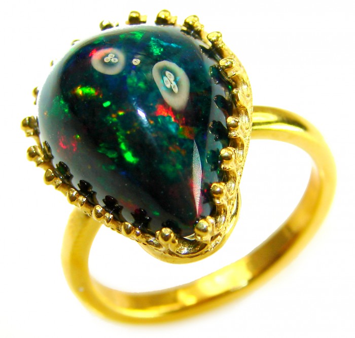 A COSMIC POWER Genuine 30.2 carat Black Opal 18K Gold over .925 Sterling Silver handmade Ring size 8 1/2