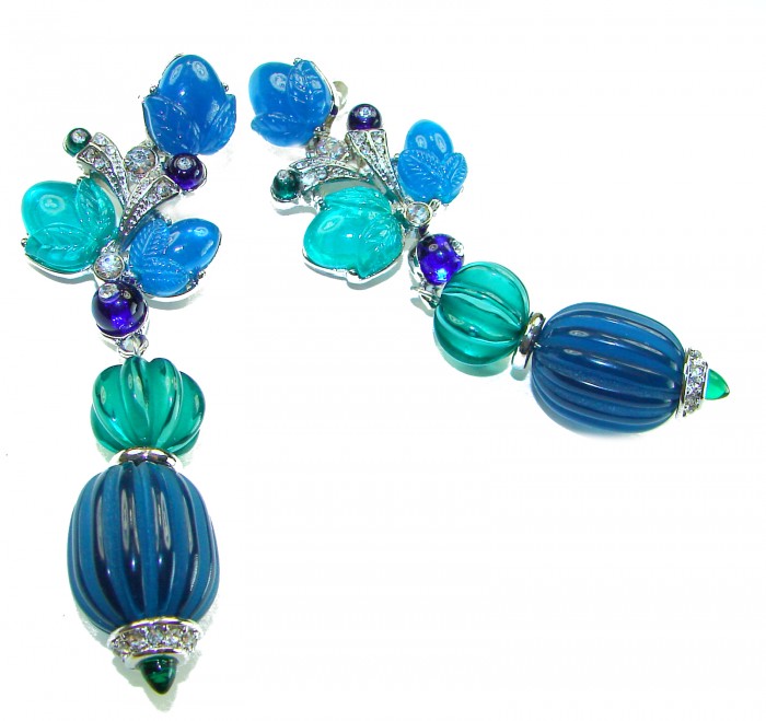 Blue Extravaganza - Very Unique 60.5 carat Emerald Sapphire .925 Sterling Silver handcrafted earrings