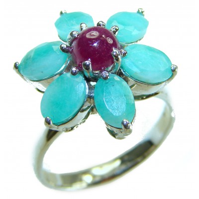 Real Beauty Natural 8.9 carat Ruby Emerald .925 Sterling Silver handmade Statement Ring size 7