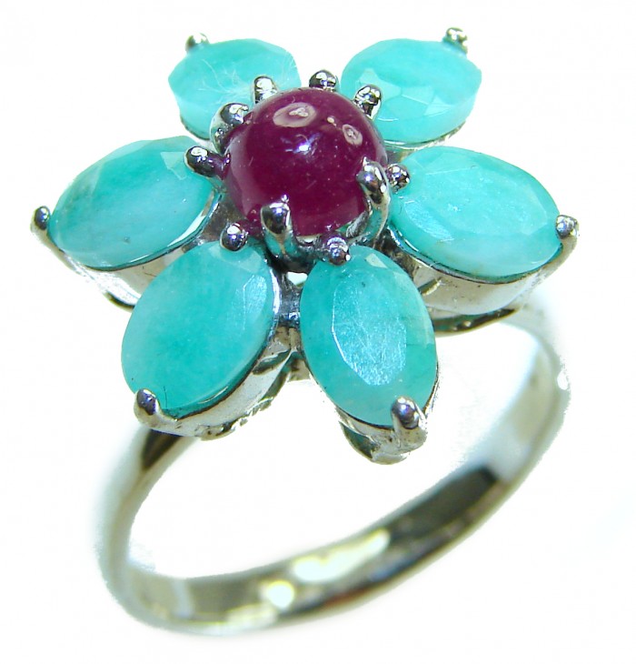 Real Beauty Natural 8.9 carat Ruby Emerald .925 Sterling Silver handmade Statement Ring size 7