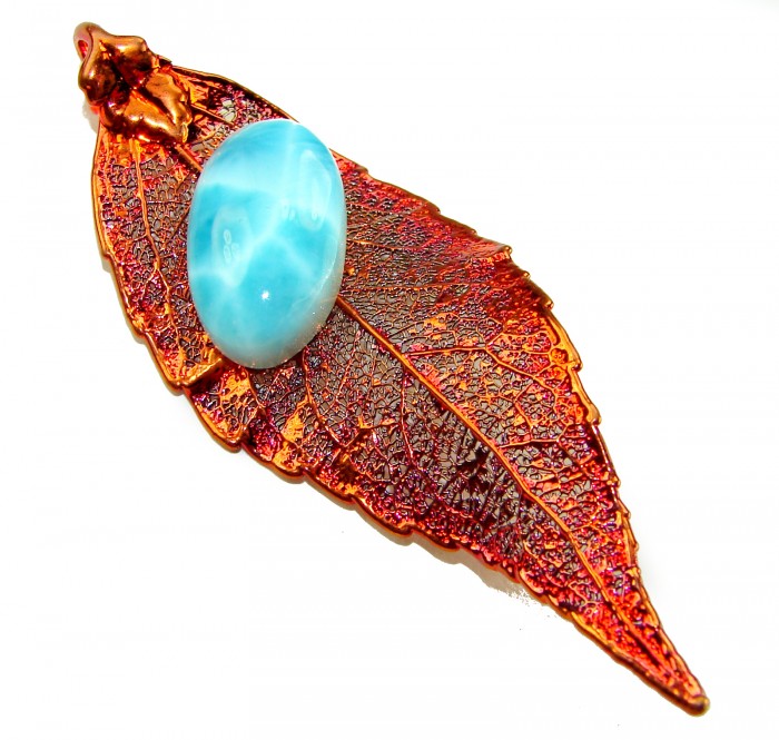 Rain Drop REAL Leaf dipped in copper Genuine 12.2 carat Larimar & .925 Sterling Silver Pendant