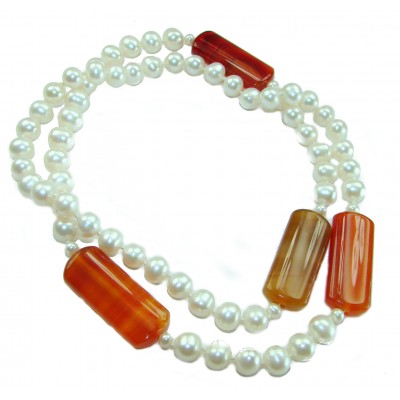 Incredible 30 inches long Freshwater Pearl Carnelian .925 Sterling Silver handmade Necklace