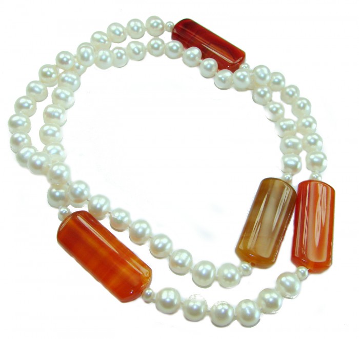 Incredible 30 inches long Freshwater Pearl Carnelian .925 Sterling Silver handmade Necklace