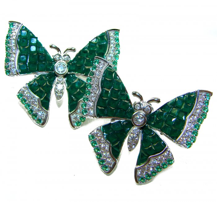 Incredible green Butterflies genuine 11.5 CARAT Emerald .925 Sterling Silver handcrafted Earrings - video