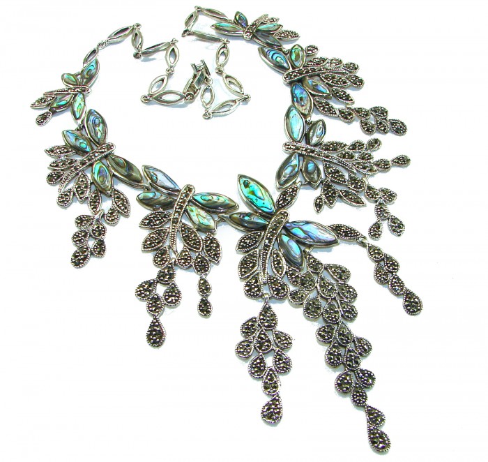 HUGE 80.5 grams Seven Butterflies design genuine Raibow Abalone .925 Sterling Silver handcrafted Necklace