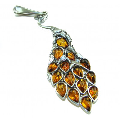 2 7/8 inches! Peacock Prehistoric Authentic Baltic Amber .925 Sterling Silver beautifully handcrafted Pendant