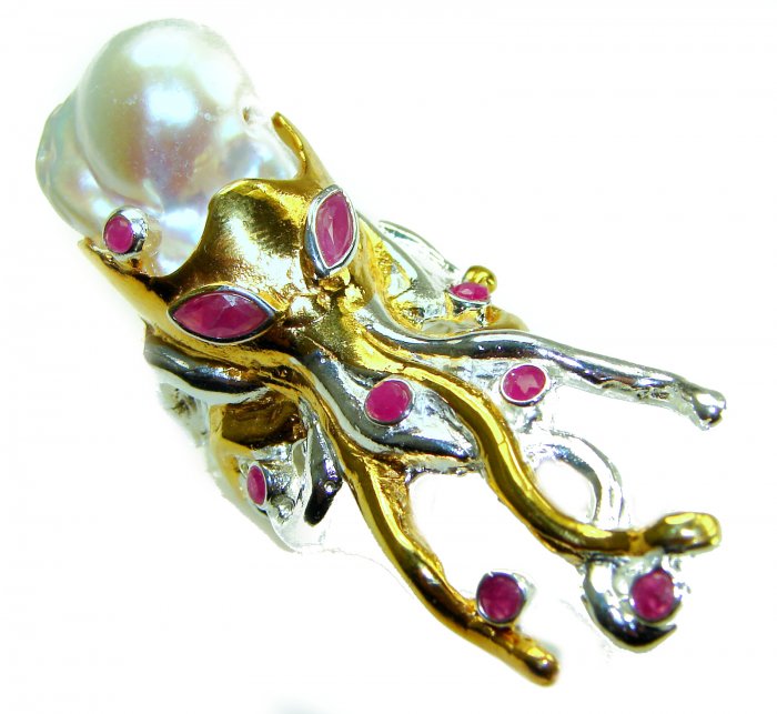 Massive Golden Mother of Pearl Octopus with Ruby eyes 18K Gold over .925 Sterling Silver handcrafted ring s. 8 1/4 - video