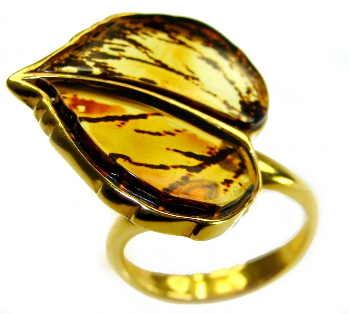 Authentic carved Baltic Amber .925 Sterling Silver dipped in 18K Gold handcrafted ring; s. 8 adjustable