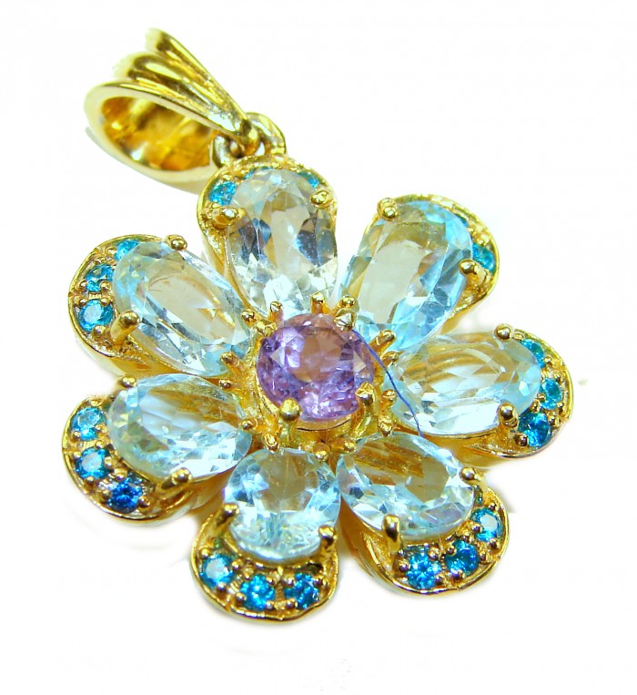 Forget Me Not 10.5 carat authentic Blue Topaz 14K GOLD OVER .925 Sterling Silver Handcrafted pendant