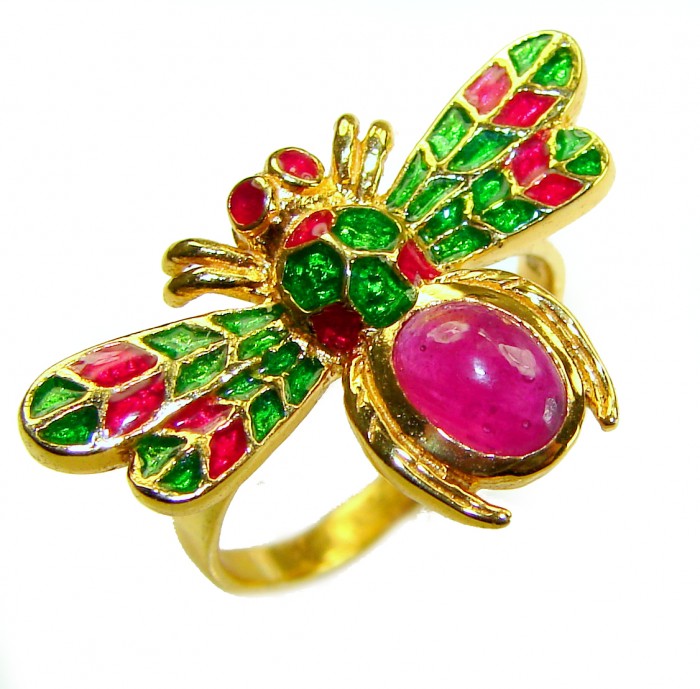 Lucky Bee Enamel 2.2 CARAT Ruby 18K Gold over .925 Sterling Silver Huge handcrafted Ring s. 7