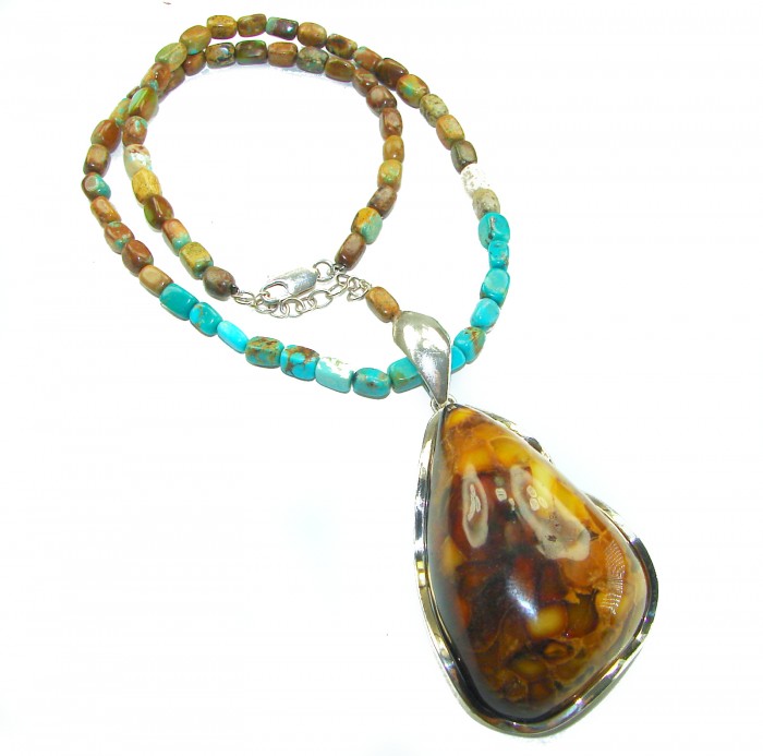 Rare!- vintage Style- natural Baltic Amber genuine Turquoise .925 Sterling Silver handcrafted necklace