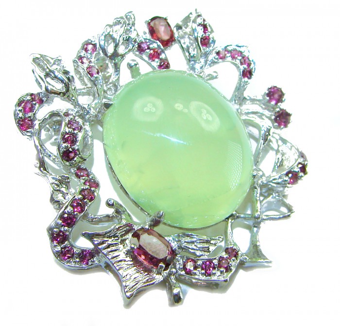 Royal quality genuine 32.5 carat Prehnite from South Africa rhodium over .925 Sterling Silver handcrafted Pendant Brooch