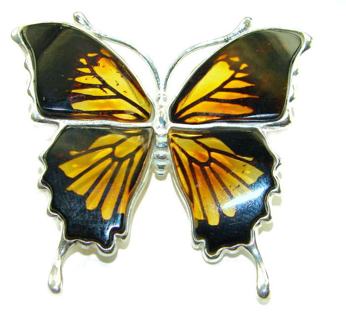 Large Golden Butterfly carved Baltic Polish Amber .925 Sterling Silver handcrafted Pendant / Brooch