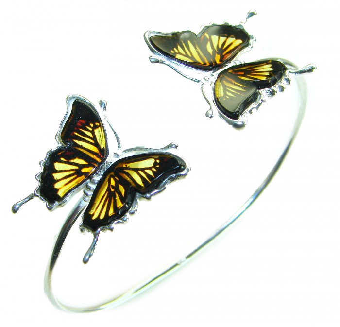 Golden Butterfly Genuine carved Baltic Amber .925 Sterling Silver handamde Bracelet