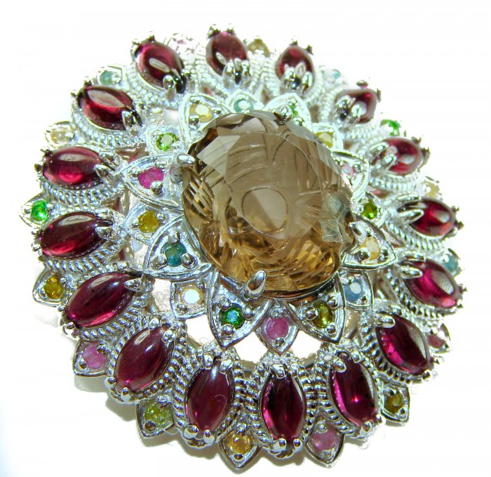 Authentic 45.5 carat carved Smoky Topaz Garnet .925 Sterling Silver handmade Statement Pendant and Brooch - video