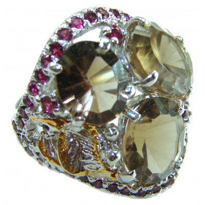 Celestial peace 27.5 carat Champagne Smoky Topaz Ruby .925 Sterling Silver HUGE Ring size 8