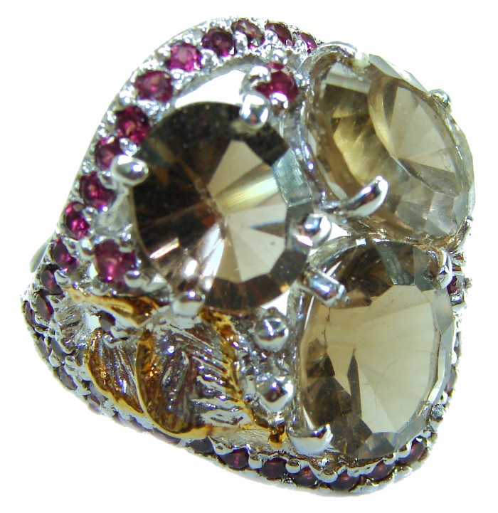 Celestial peace 27.5 carat Champagne Smoky Topaz Ruby .925 Sterling Silver HUGE Ring size 8