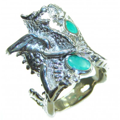 Two fighting dragons 4.8 carat Emerald .925 Sterling Silver handmade Statement Ring size 7 1/4