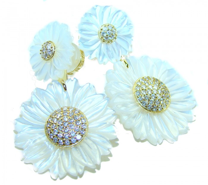 BLOOMING FLOWERS Genuine Blister Pearl 0.2 CARAT lab grown Diamond 18K Gold over .925 Sterling Silver handcrafted Statement Earrings