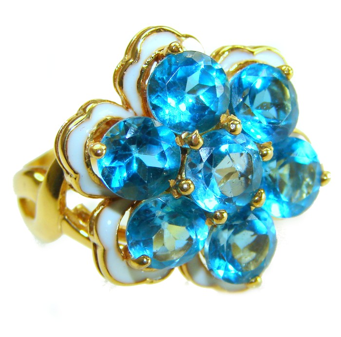 Forget-Me-Not Authentic 18.7 carat Swiss Blue Topaz white Enamel .925 Sterling Silver dipped in 22K Gold handcrafted Large ring size 7 3/4