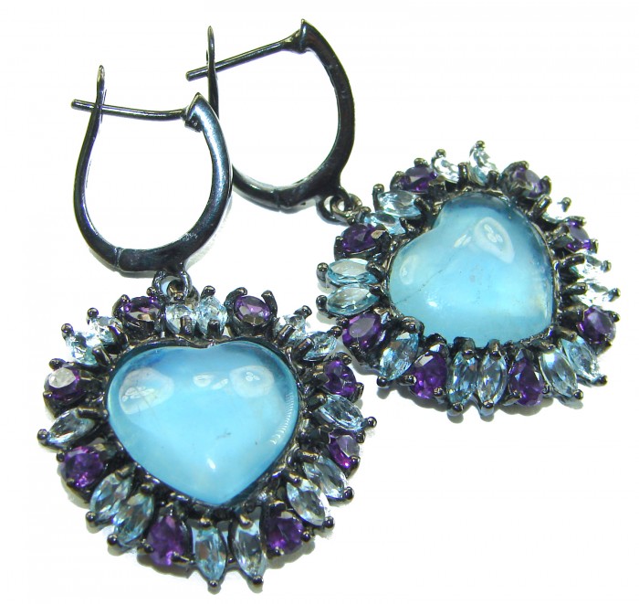 A Heritage in Bloom 12.5 carat Aquamarine black rhodium over .925 Sterling Silver handmade Large Statement Earrings