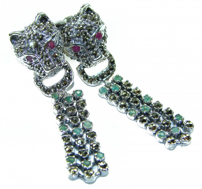 Panthère Ruby Emerald Sapphire Marcasite .925 Sterling Silver earrings