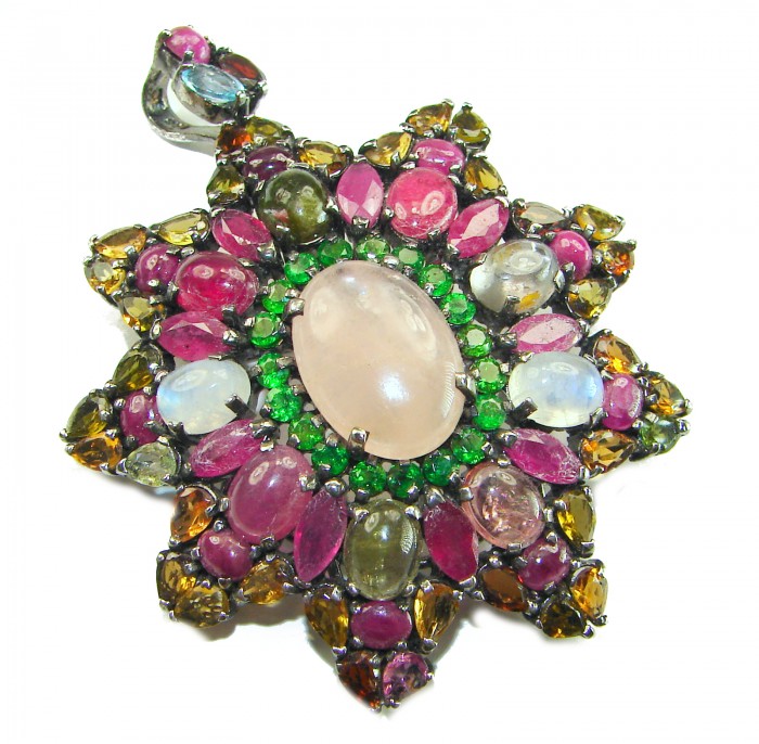 Vintage style Beauty genuine Rose Quartz Brazilian Tourmaline .925 Sterling Silver dipped in black rhodum handmade Pendant - Brooch