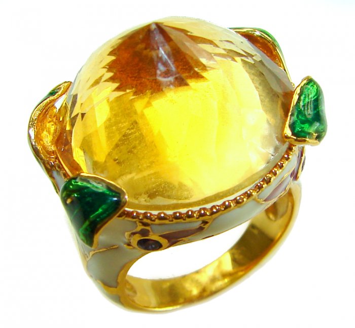 Natural 27.2 carat Brazilian Citrine white enamel .925 Sterling Silver dipped in 22K Gold handmade Statement Ring size 6 1/2 - video