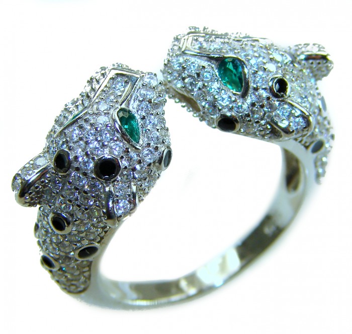 Panthère 4.5 carat Emerald black enamel .925 Sterling Silver handcrafted Statement Ring size 10
