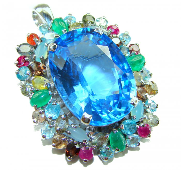Oceania oval cut 32.8 carat Swiss Blue Topaz .925 Sterling Silver dipped in rhodium Handcrafted Pendant Brooch - video