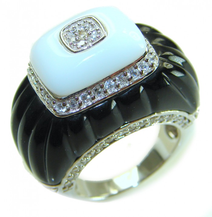 Divine Creation 10.5 carat Howlite black Enamel .925 Sterling Silver handcrafted LARGE Ring s. 7
