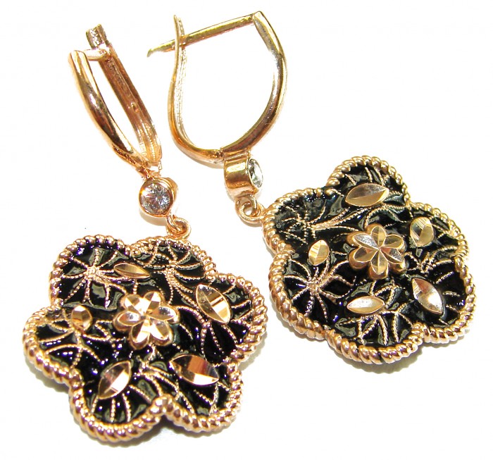 Dubai Style - Golden Flowers black enamel .925 Sterling Silver dipped in 22K Rose Gold handmade Earrings