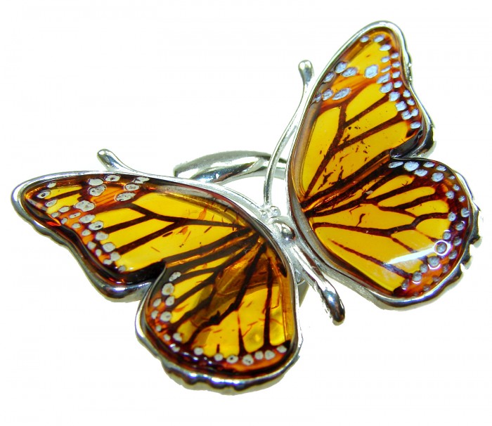 Butterfly Authentic carved Baltic Amber .925 Sterling Silver handcrafted ring; s. 8 adjustable