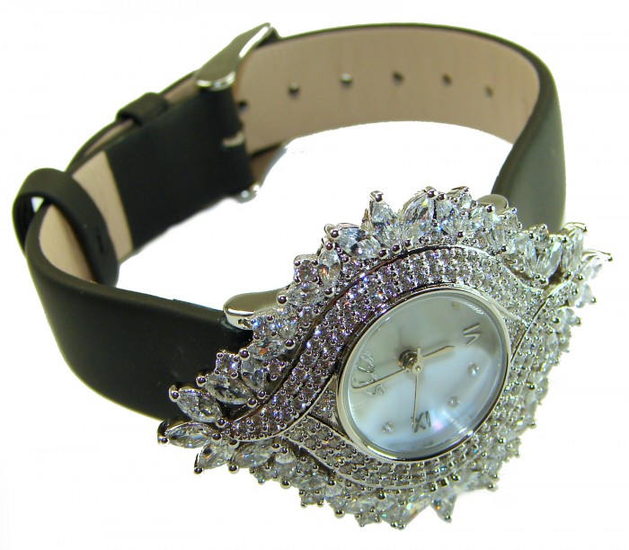 Precious 22.5 carat Authentic White Topaz Genuine Leather strap .925 Sterling Silver handmade Watch
