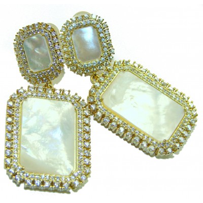 Genuine Blister Pearl lab grown Diamond 18K Gold over .925 Sterling Silver handcrafted Large Statement Earrings