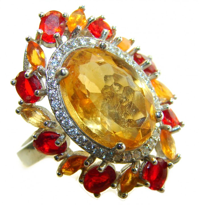 Vivien - Natural 10.8 carat Citrine Garnet .925 Sterling Silver dipped in rhodium handmade Statement Ring size 7