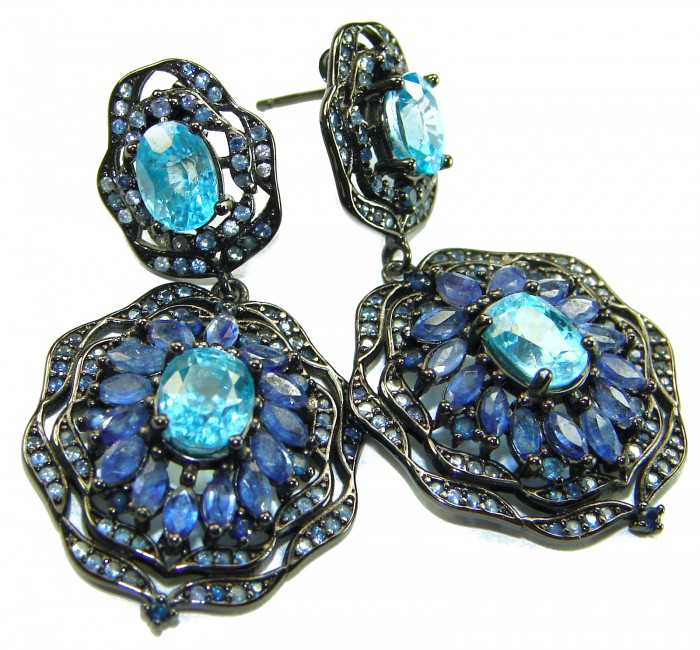 Atlantica 4.7 carat Swiss Blue Topaz .925 Sterling Silver dipped in black rhodium Handcrafted Statement earrings