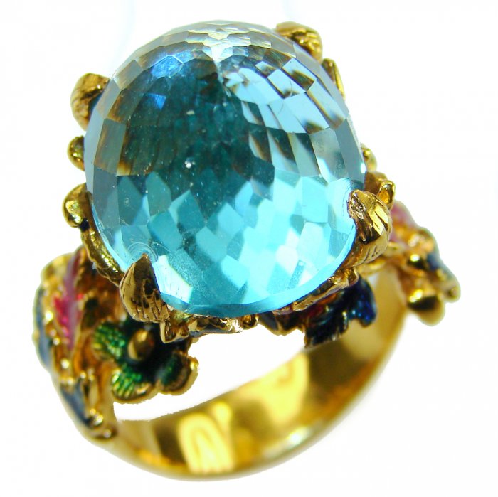Pacifica - Authentic Fancy Rose cut 44.5 carat Swiss Blue Topaz Enamel 22K Gold over .925 Sterling Silver handcrafted Large Statement ring size 7 1/4 - video