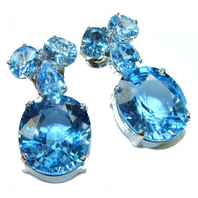 Pure Serenity 45.5 carat genuine Swiss Blue Topaz .925 Sterling Silver handmade Large Statement earrings