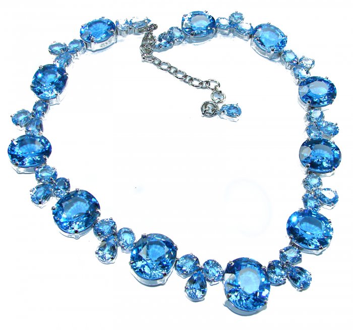 Pure Serenity 225.5 carat genuine Swiss Blue Topaz .925 Sterling Silver handmade Large Statement Necklace; 132.95 grams - video