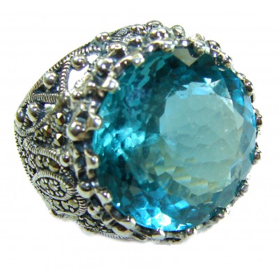 Massive Deep Blue 28.9 carat natural Aquamarine .925 Sterling Silver handcrafted Large ring size 8